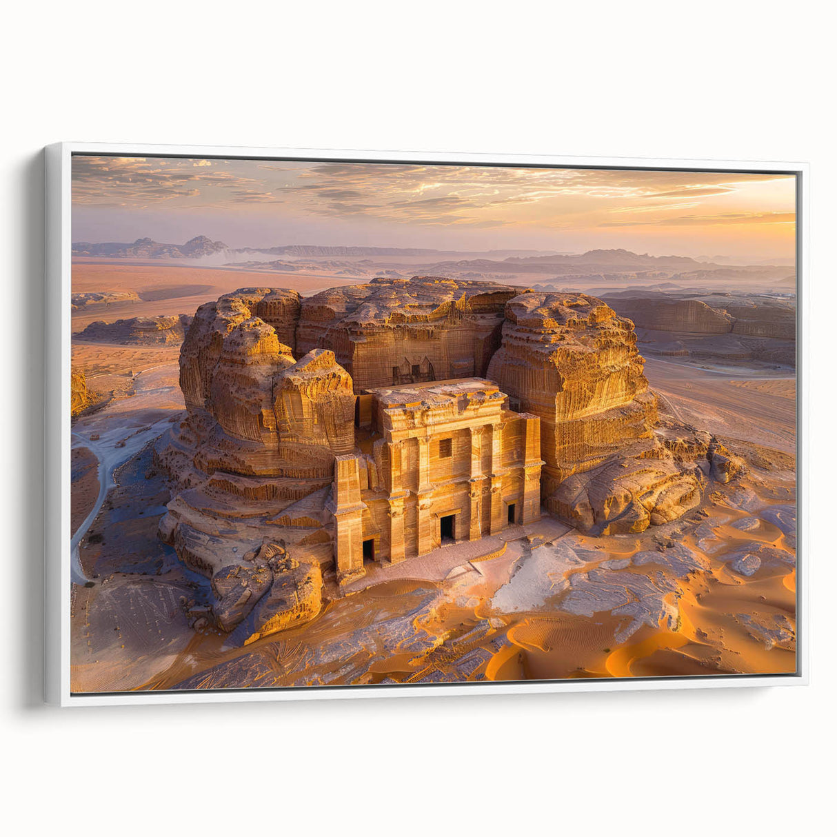 Vintage poster art of a Saudi Arabian scenery in vibrant colors on a framed canvas, ideal for living room decor.