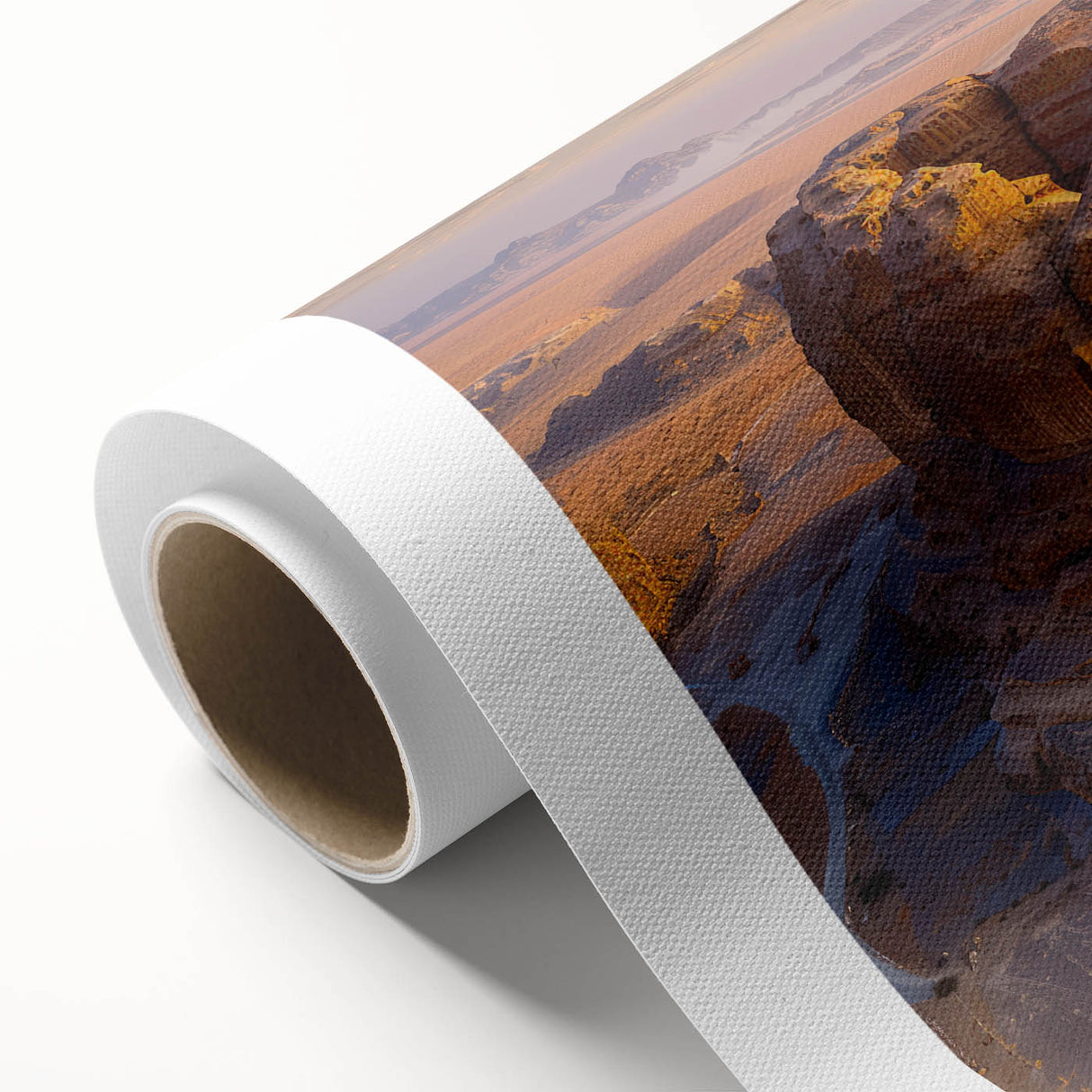 Art deco style poster of Saudi Arabia scenery in muted earth tones on rolled canvas.
