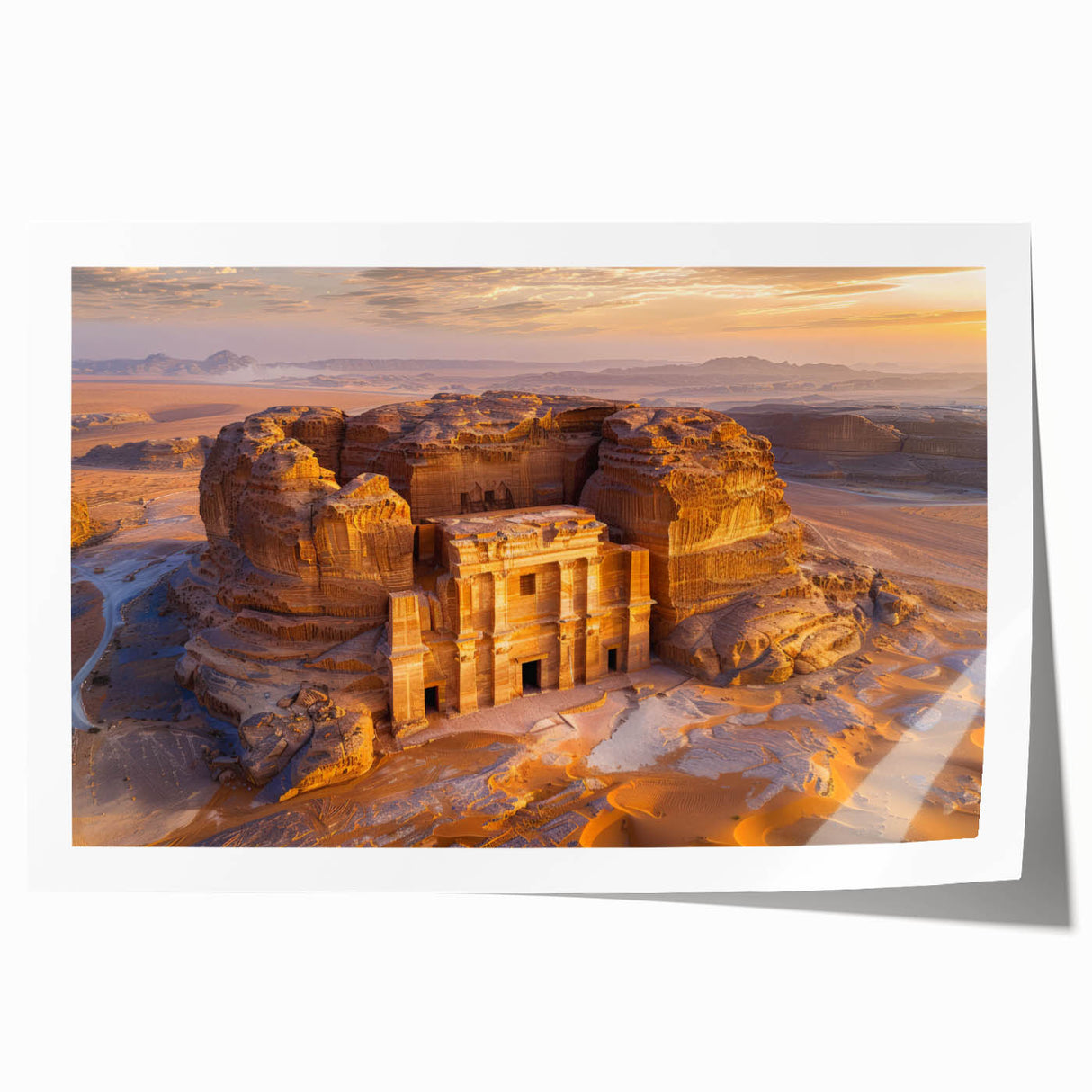 Extra large rolled print of a Saudi Arabian landscape with floral elements in soft earth tones.