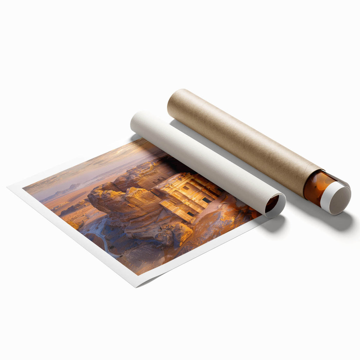 Extra large rolled print of a Saudi Arabian scenery with floral elements in muted earth tones.