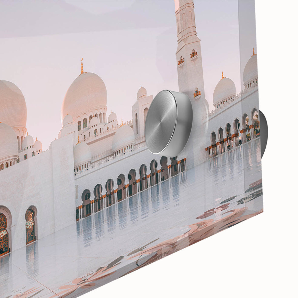 Large abstract wall art featuring a mid-century modernist Abu Dhabi cityscape in muted earth tones on acrylic glass.