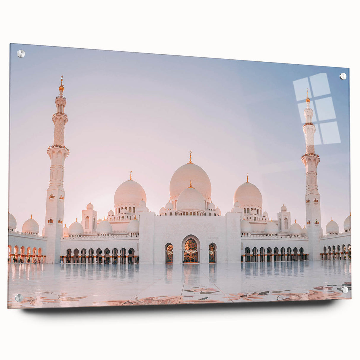 Acrylic print of Abu Dhabi skyline in muted blue and gray tones, suitable for bedroom or dining room decor.