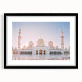 Abstract art print of Abu Dhabi skyline in vibrant, colorful hues on a large textured canvas, ideal for living room decor.