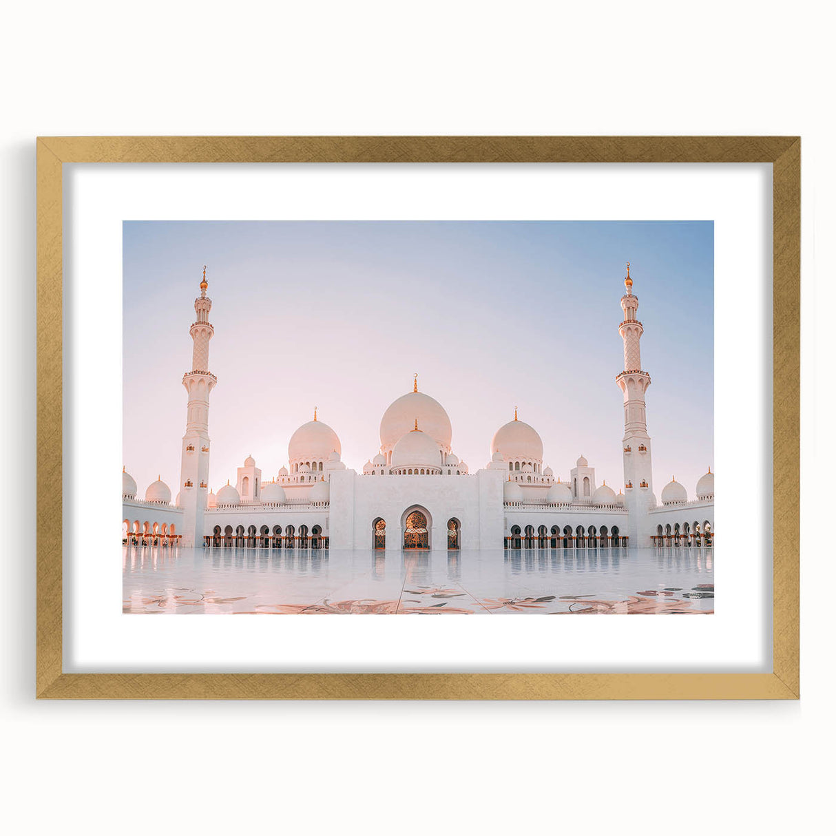 Extra large wall art of abstract Abu Dhabi skyline in textured gold and blue tones, ideal for living room decor.