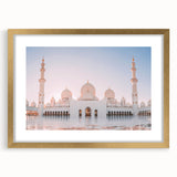 Extra large wall art of abstract Abu Dhabi skyline in textured gold and blue tones, ideal for living room decor.