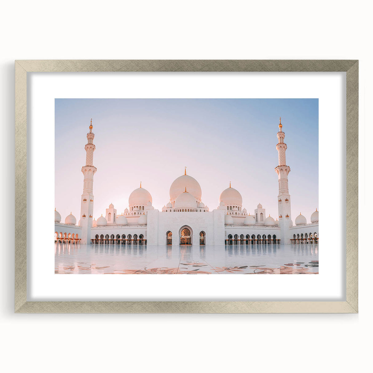 Textured abstract art print of Abu Dhabi skyline in muted silver and gray tones on a framed mat.