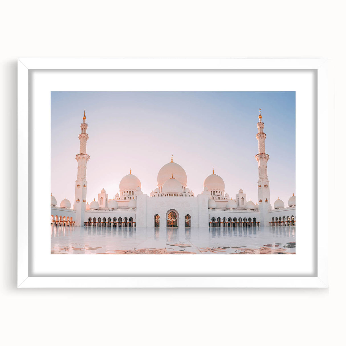 Abstract art print of Abu Dhabi skyline in soft gray and blue tones on a white matted frame.