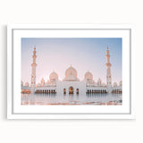 Abstract art print of Abu Dhabi skyline in soft gray and blue tones on a white matted frame.