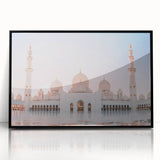 Large abstract wall art featuring a minimalist Abu Dhabi skyline in black and gray tones on a framed acrylic.