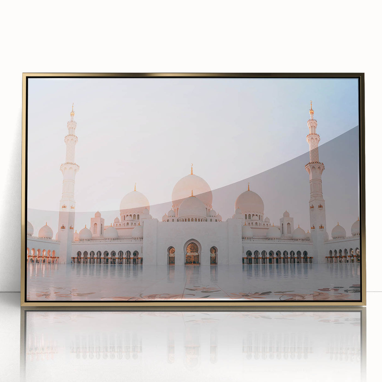 Large art print of Abu Dhabi skyline in gold tones on acrylic, framed, ideal for modern art wall decor.