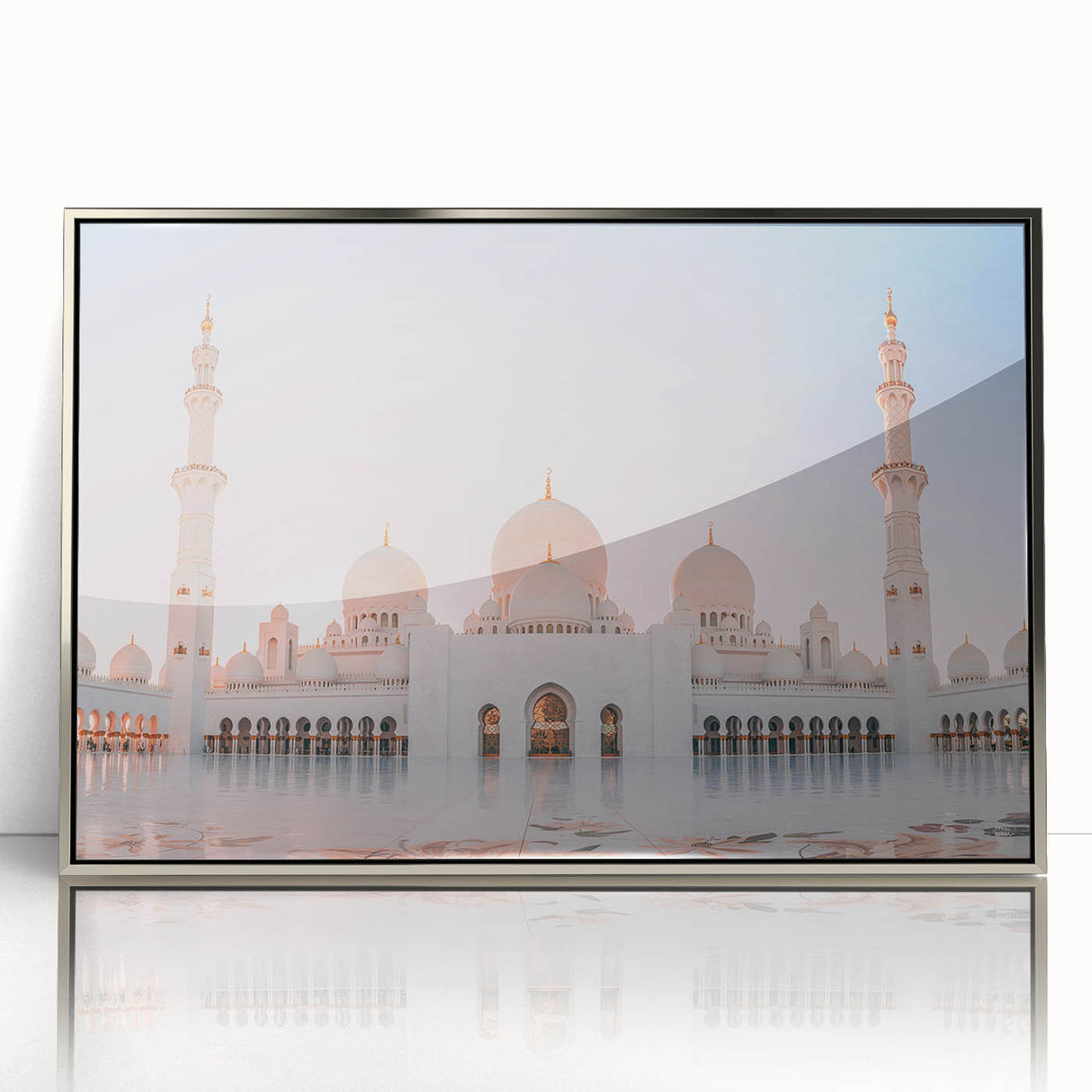 Mid-century modernist art depicting the Abu Dhabi skyline in muted silver and blue tones on a framed acrylic print.