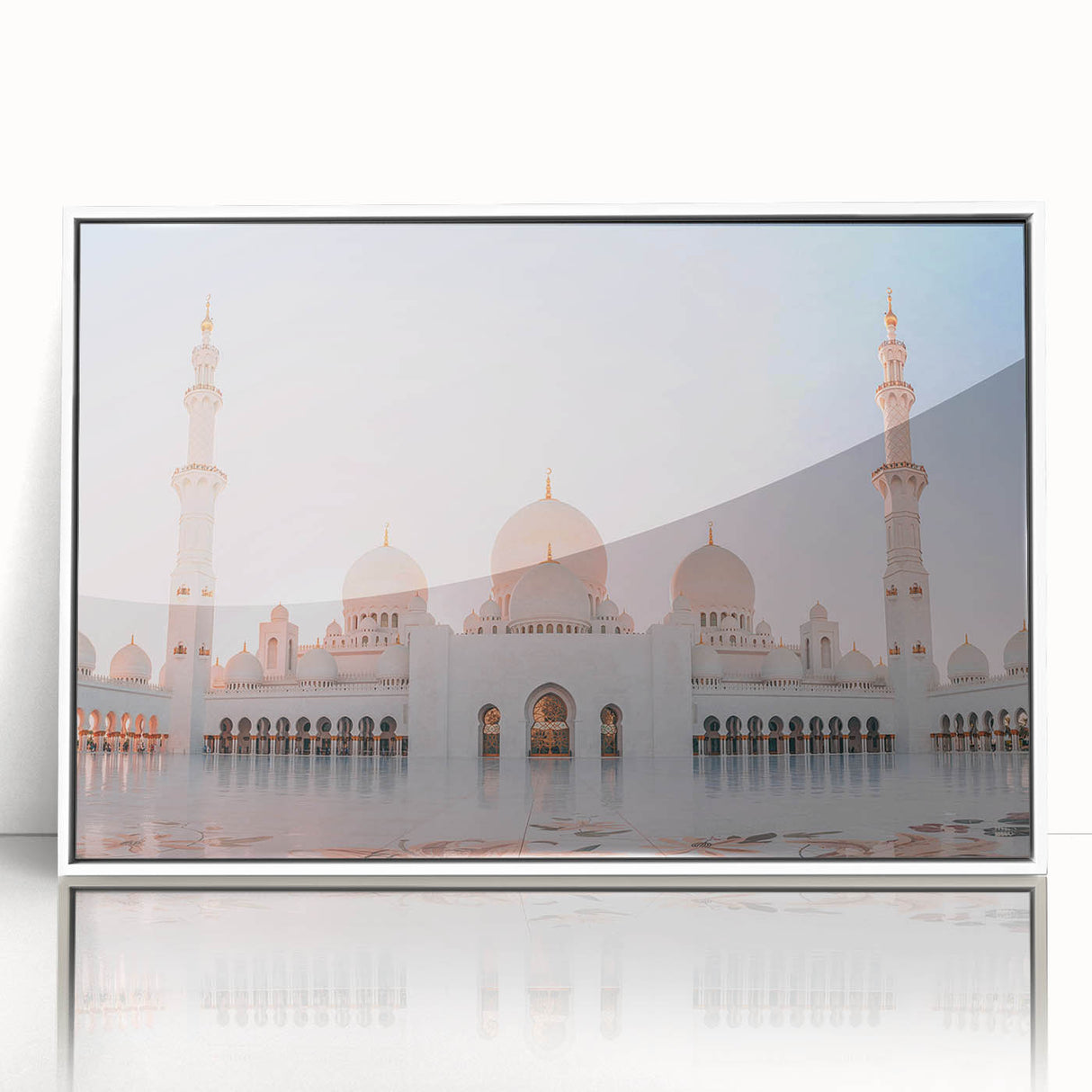Art deco style poster of Abu Dhabi skyline in muted tones on framed acrylic, suitable for modern art wall decor.