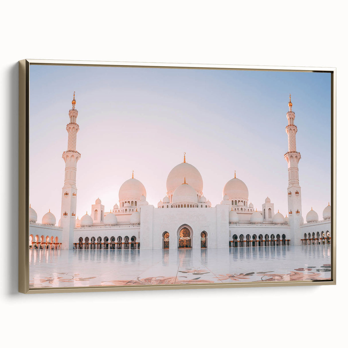 Framed canvas wall art featuring a black and gold vintage landscape painting of Abu Dhabi, ideal for bedroom decor.
