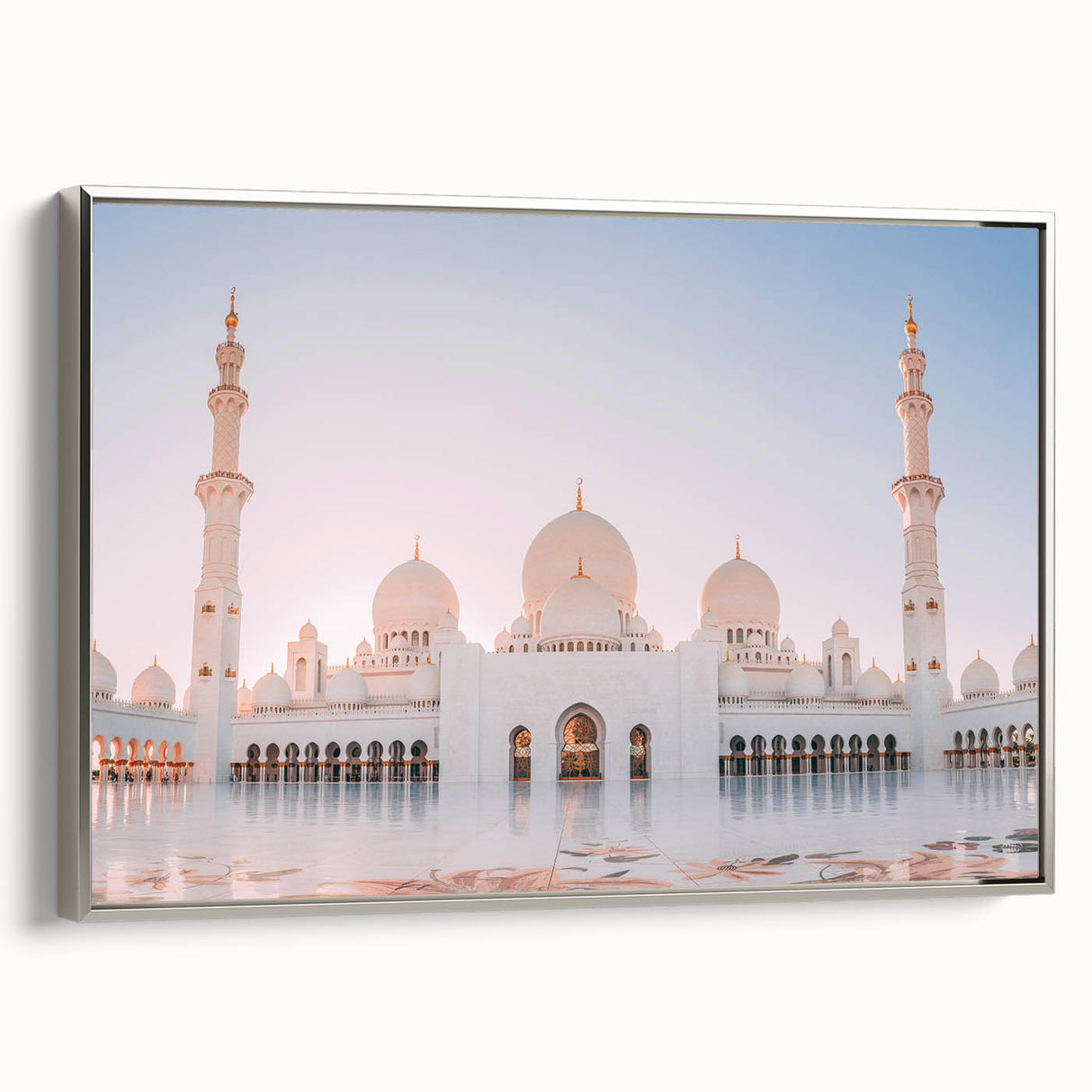 Framed canvas landscape art painting of Abu Dhabi, featuring colorful skyline on black background.