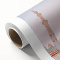 Art Deco poster of Abu Dhabi skyline in muted gold and blue tones on rolled canvas, ideal for nursery wall art.