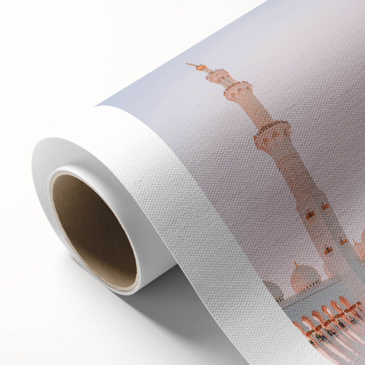 Art Deco poster of Abu Dhabi skyline in muted gold and blue tones on rolled canvas, ideal for nursery wall art.
