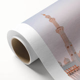 Art Deco poster of Abu Dhabi skyline in muted gold and blue tones on rolled canvas, ideal for nursery wall art.