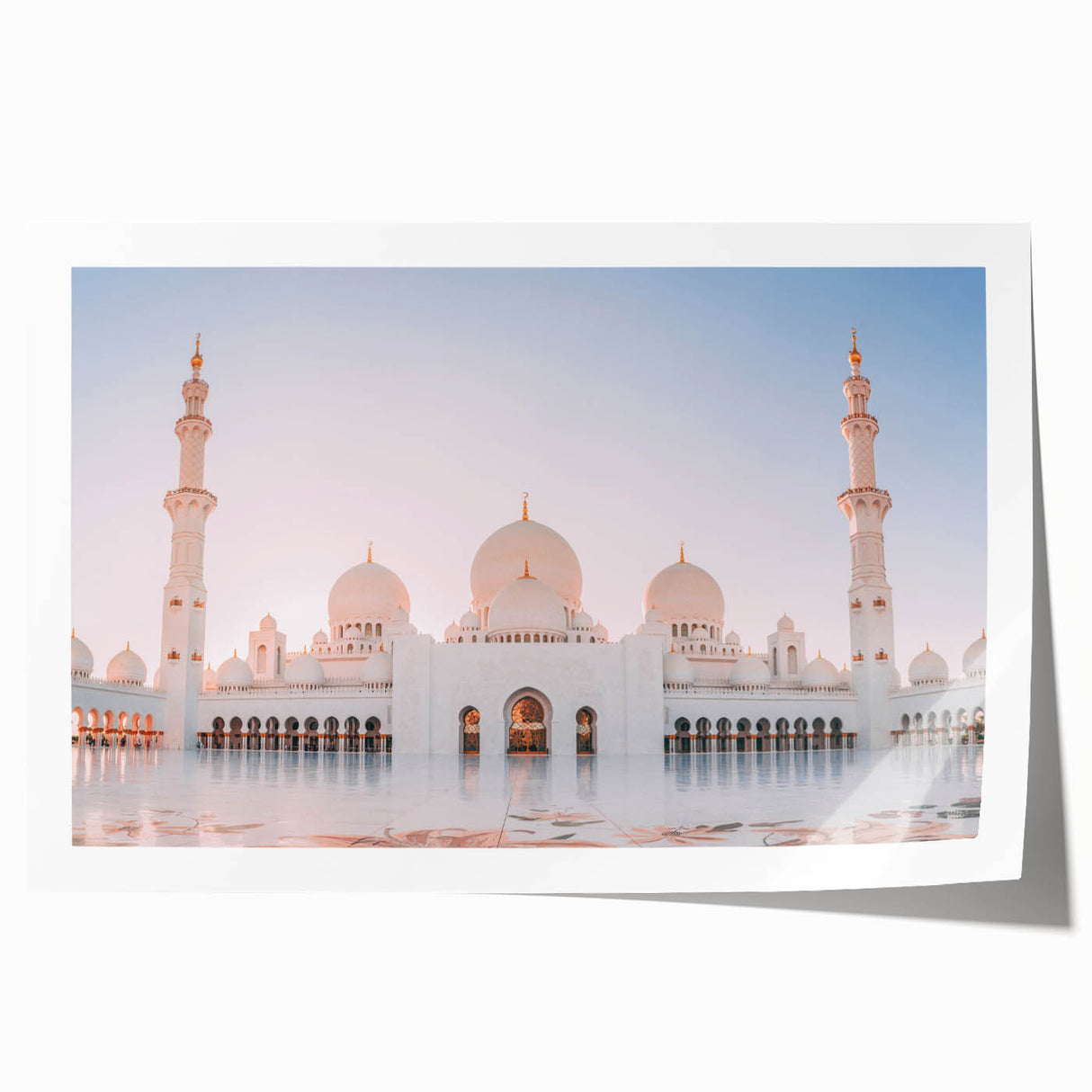 Extra large rolled print of Abu Dhabi skyline with pastel shades, ideal for art wall dining room or bathroom.