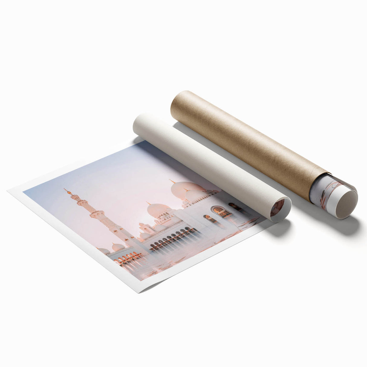 Extra large rolled print of Abu Dhabi scenery with floral elements in muted tones, ideal for classy bathroom wall art.