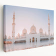 Panoramic view of Abu Dhabi skyline in muted earth tones on a stretched canvas, suitable for kitchen wall art.