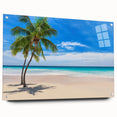 Large abstract wall art depicting an oceanic Fiji scenery in muted blue and green shades, printed on acrylic glass.
