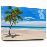 Large abstract wall art depicting an oceanic Fiji scenery in muted blue and green shades, printed on acrylic glass.