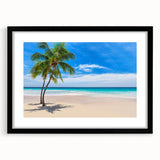Colorful abstract art print of a stylized Fiji scenery in vibrant blue and green hues on a large textured canvas.
