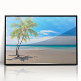 Large abstract wall art depicting an oceanic Fiji scenery in muted blue and green tones on a framed acrylic.