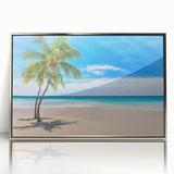 Mid-century modernist art depicting an oceanic Fiji landscape in muted blue and green tones, framed in silver acrylic.
