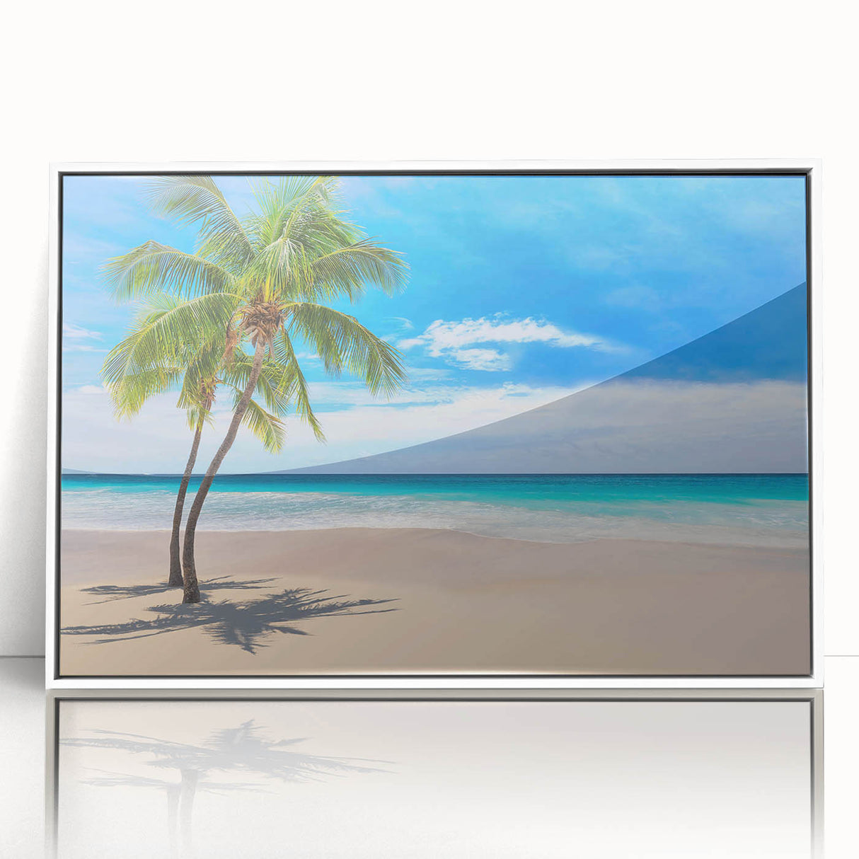 Mid-century modernist art of a tranquil Fiji beach scene in pastel blue and sandy hues, acrylic print framed in white.
