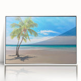 Mid-century modernist art of a tranquil Fiji beach scene in pastel blue and sandy hues, acrylic print framed in white.