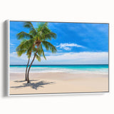 Vintage poster art of a scenic Fiji landscape, featuring vibrant colors on a framed canvas, ideal for living room decor.