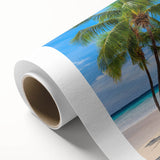 Art Deco style poster of a serene Fiji landscape in muted blue and green tones, printed on rolled canvas.