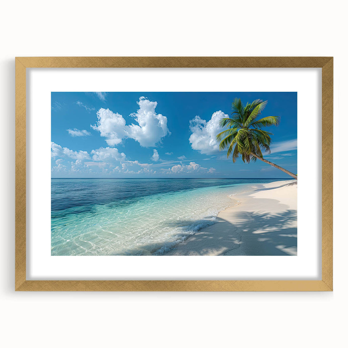 Extra large wall art of an abstract Bora Bora seascape in textured blues and greens, framed in gold.