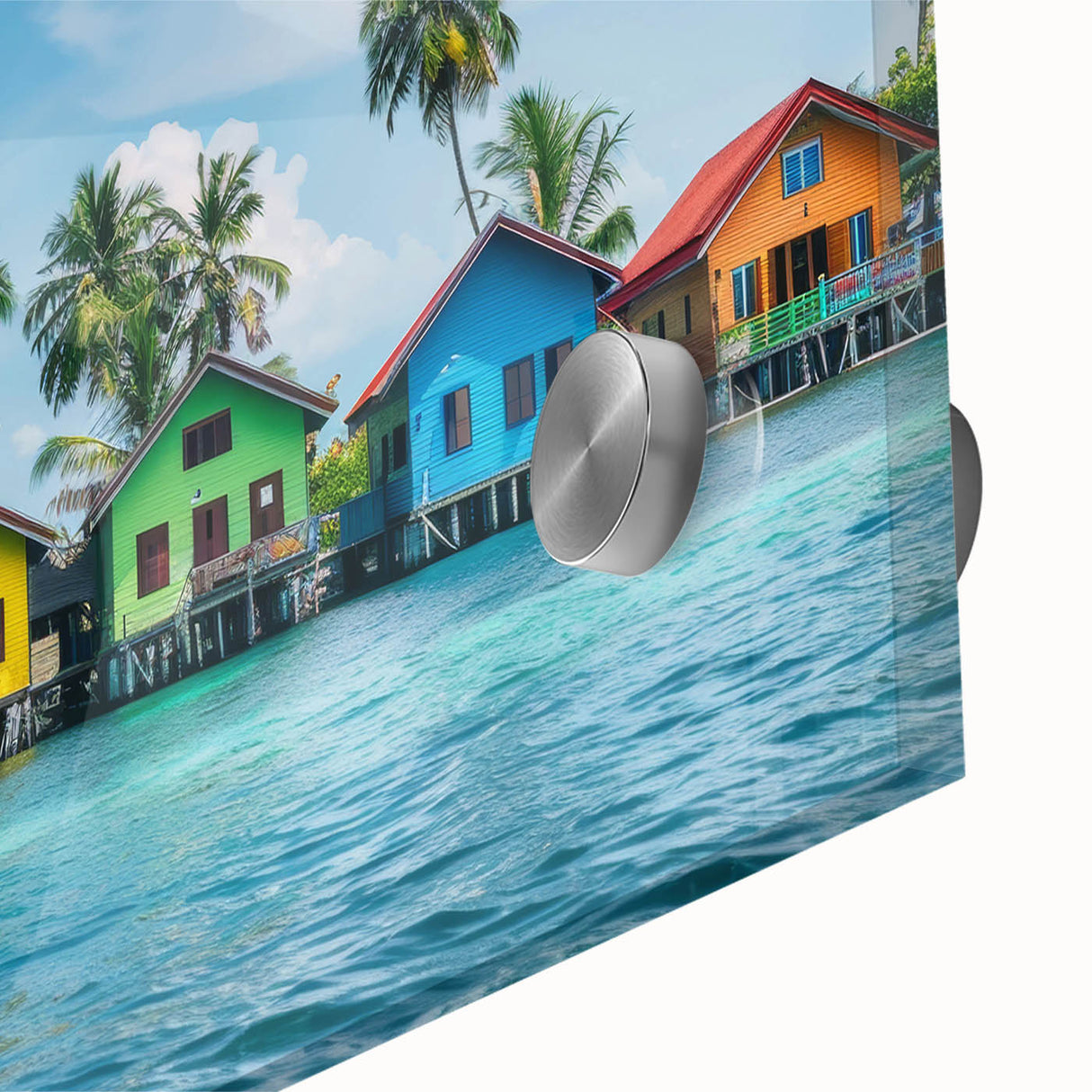 Large abstract wall art of Tahitian scenery in mid-century modernist style on acrylic glass, ideal for dining room art.