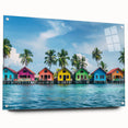 Acrylic print of a Tahitian landscape, featuring lush greenery and ocean blues, ideal for dining room decor.