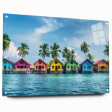 Acrylic print of a Tahitian landscape, featuring lush greenery and ocean blues, ideal for dining room decor.