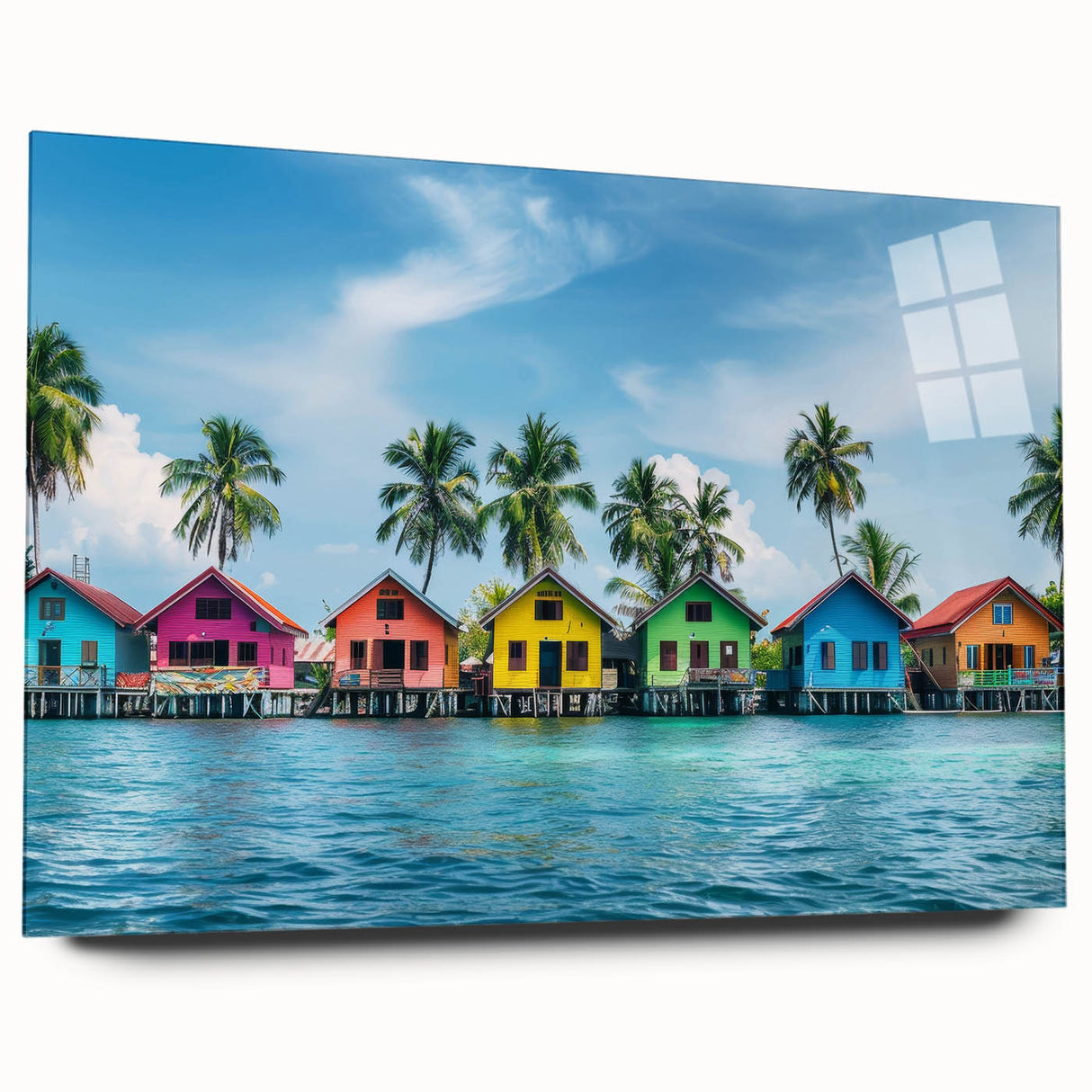 Large abstract wall art depicting the serene Tahitian coastline in soft blue and green tones, printed on acrylic glass.