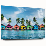 Large abstract wall art depicting the serene Tahitian coastline in soft blue and green tones, printed on acrylic glass.