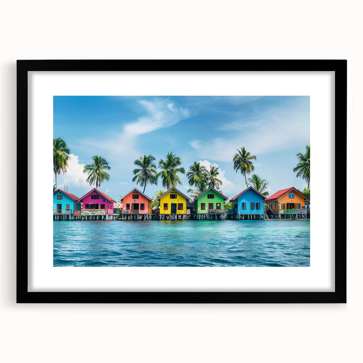 Black and white wall art featuring a vintage poster art style landscape of Tahiti, framed with a black mat.