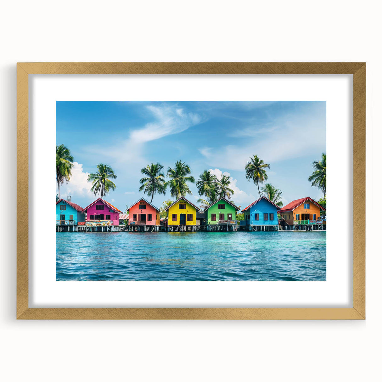 Extra large abstract art print of French Polynesia scenery in gold frame, using textured colors, ideal for living room decor.