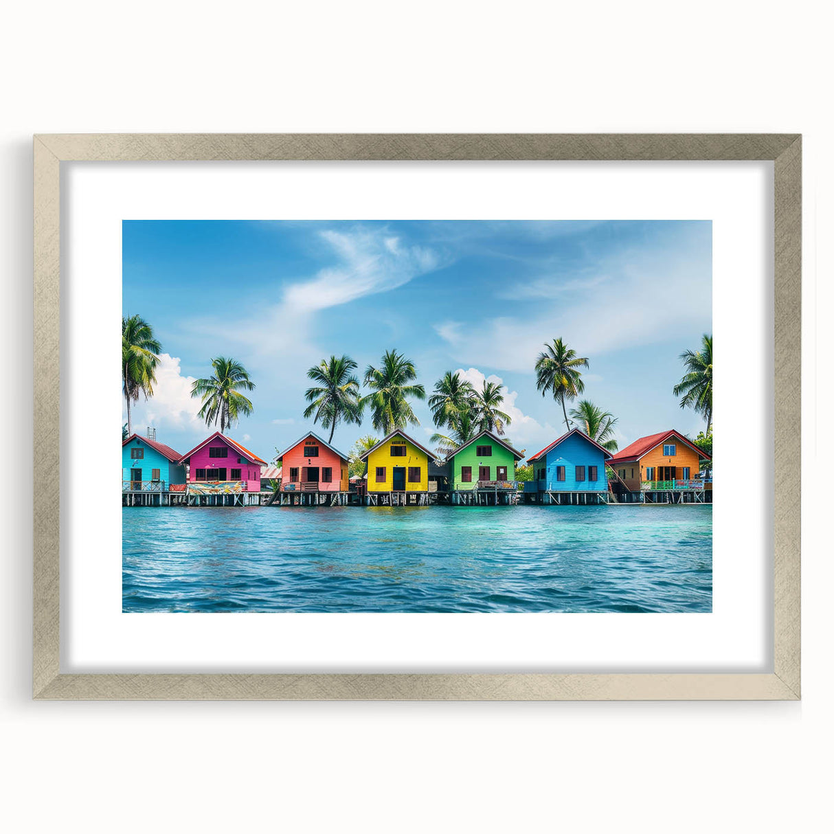 Textured abstract art print of French Polynesia scenery in silver frame, ideal for bedroom art.