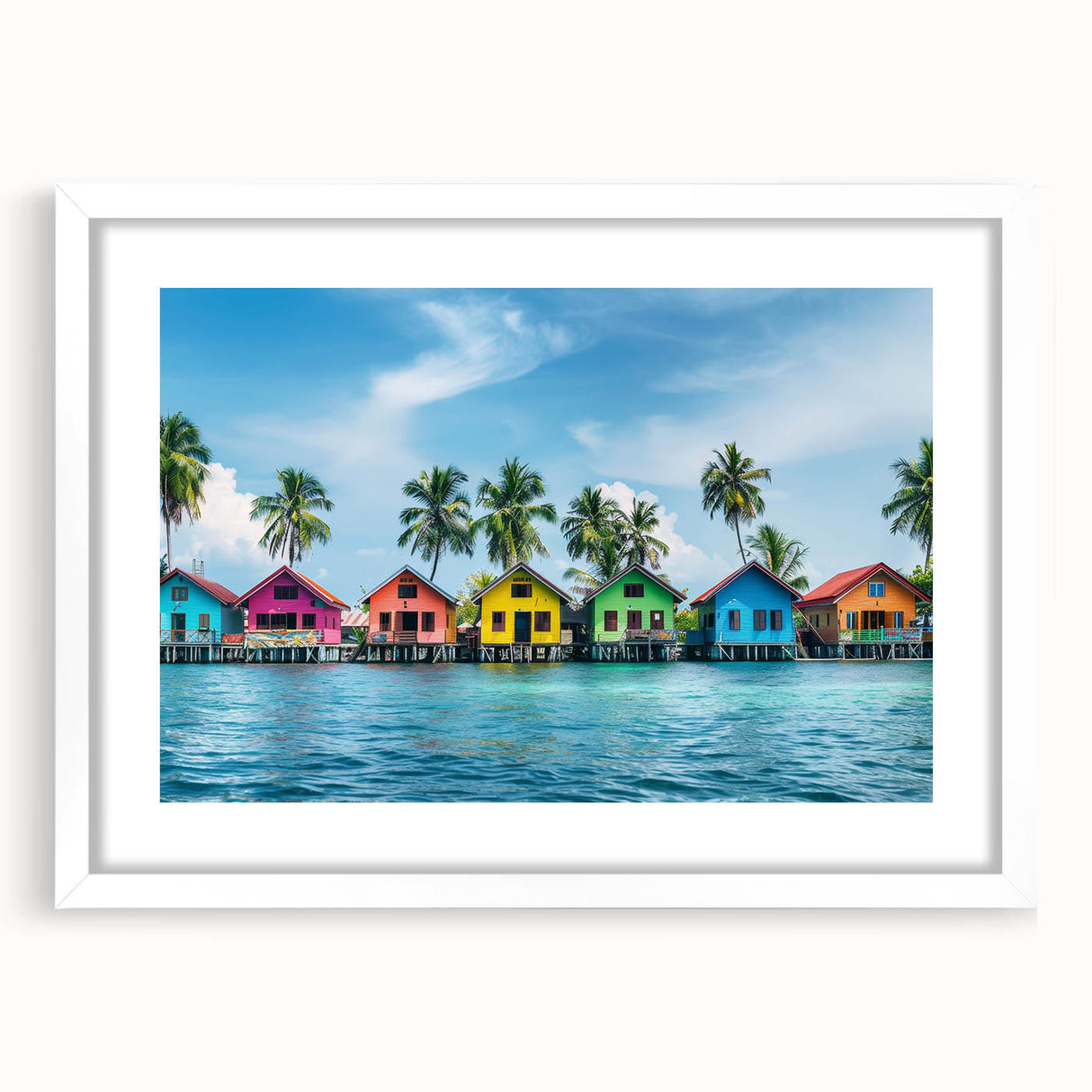 Abstract art print of Tahiti's coastline in muted blue and green tones, framed in white, suitable for dining room decor.