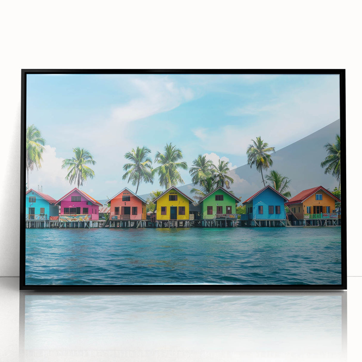 Large abstract wall art depicting a stylized Tahitian landscape in muted greens and blues, framed in black acrylic.