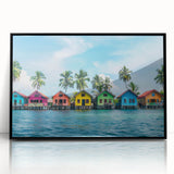 Large abstract wall art depicting a stylized Tahitian landscape in muted greens and blues, framed in black acrylic.