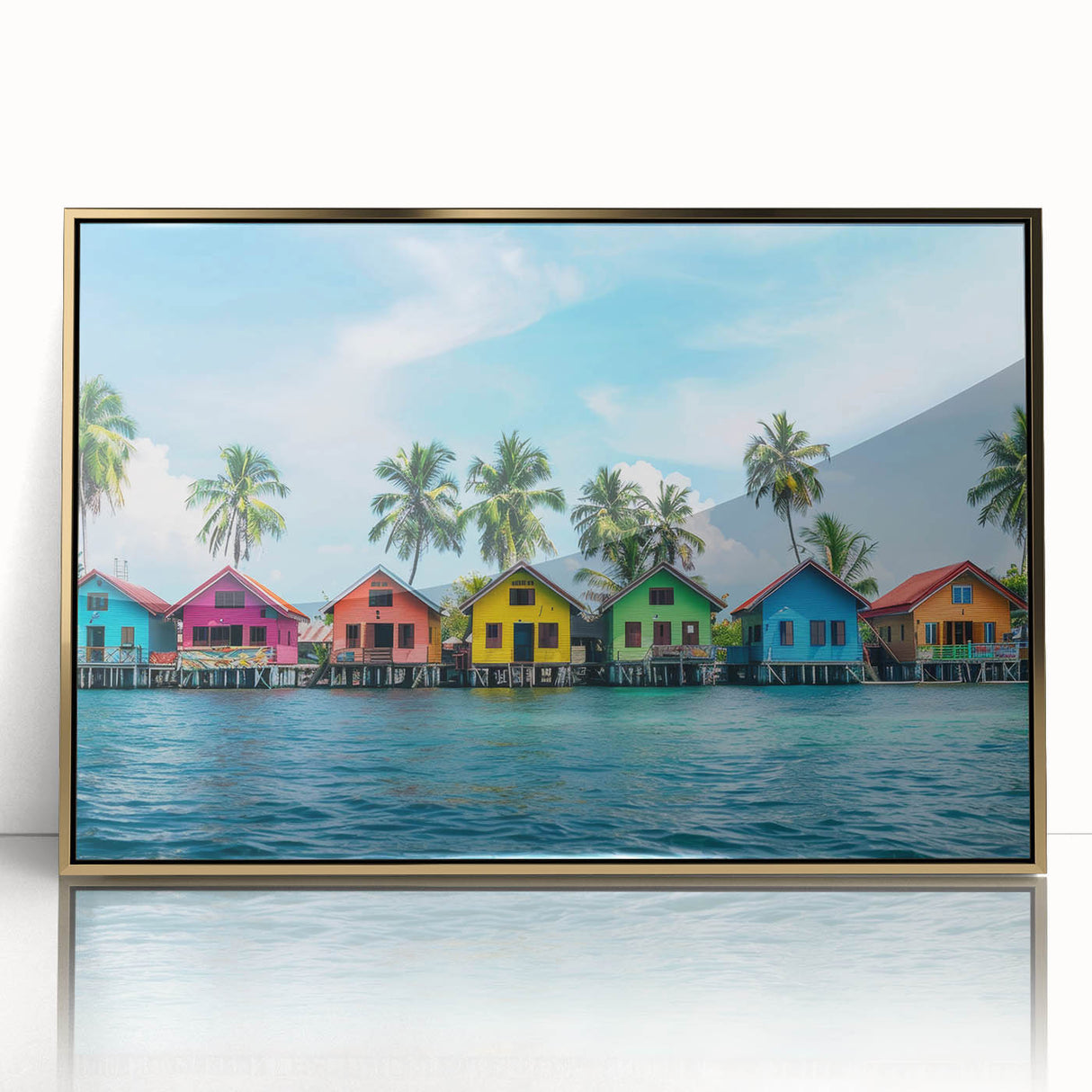 Framed acrylic print of a serene Tahiti beach scene in muted blue and green hues, ideal for modern art wall decor.