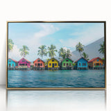 Framed acrylic print of a serene Tahiti beach scene in muted blue and green hues, ideal for modern art wall decor.