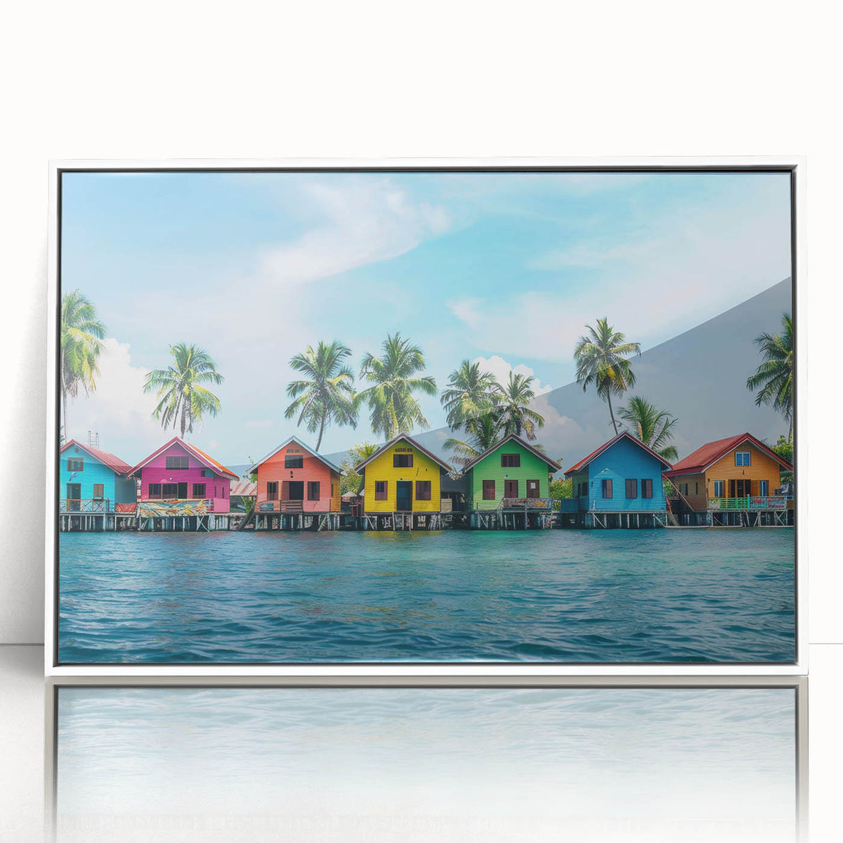 Art Deco style poster of Tahiti landscape with muted blue and green tones on a framed acrylic.