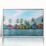 Art Deco style poster of Tahiti landscape with muted blue and green tones on a framed acrylic.