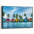 Framed canvas depicting a serene Tahitian landscape in muted earth tones, ideal for bedroom wall art.